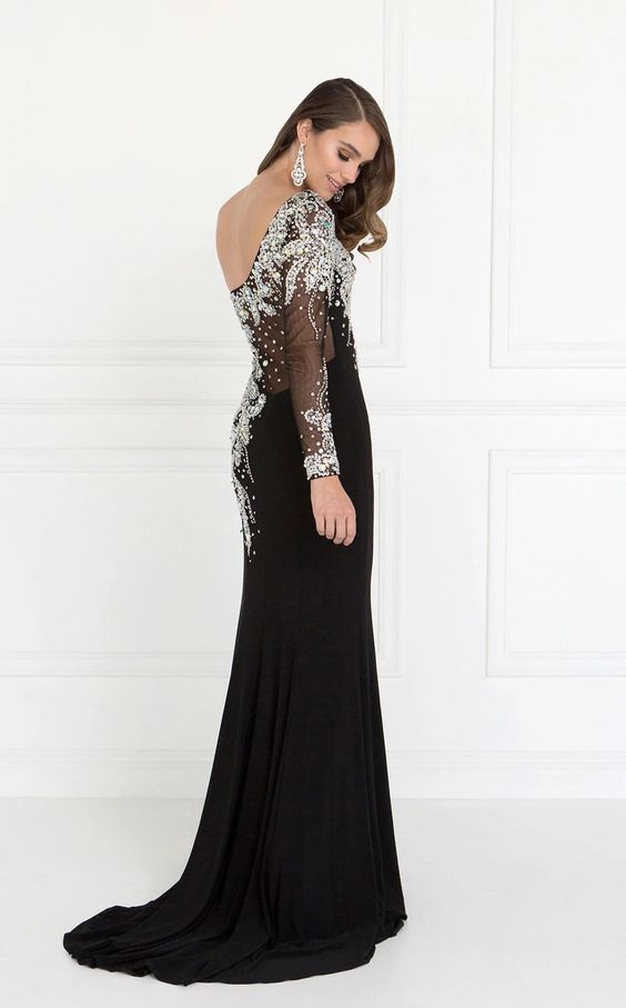 One shoulder black long jersey formal dress 2038 size XS