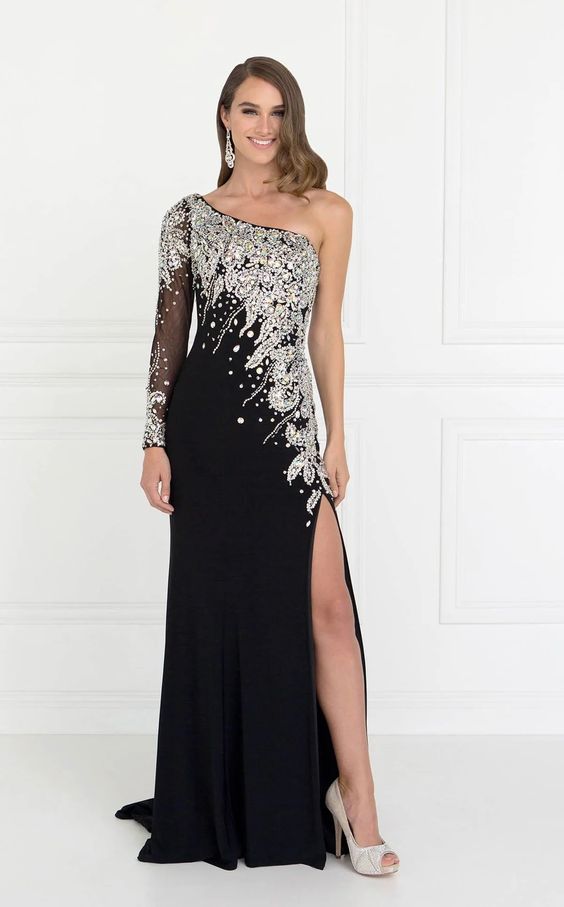 One shoulder black long jersey formal dress 2038 size XS