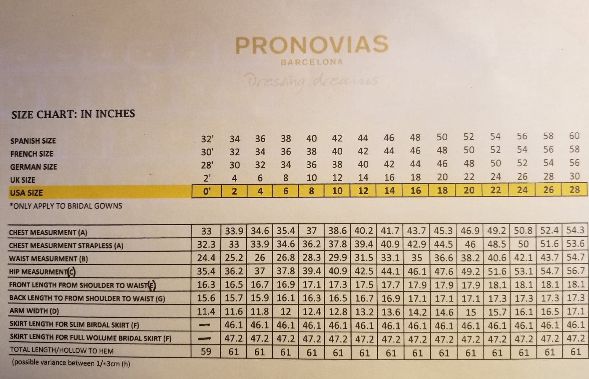 Pronovias Size Chart